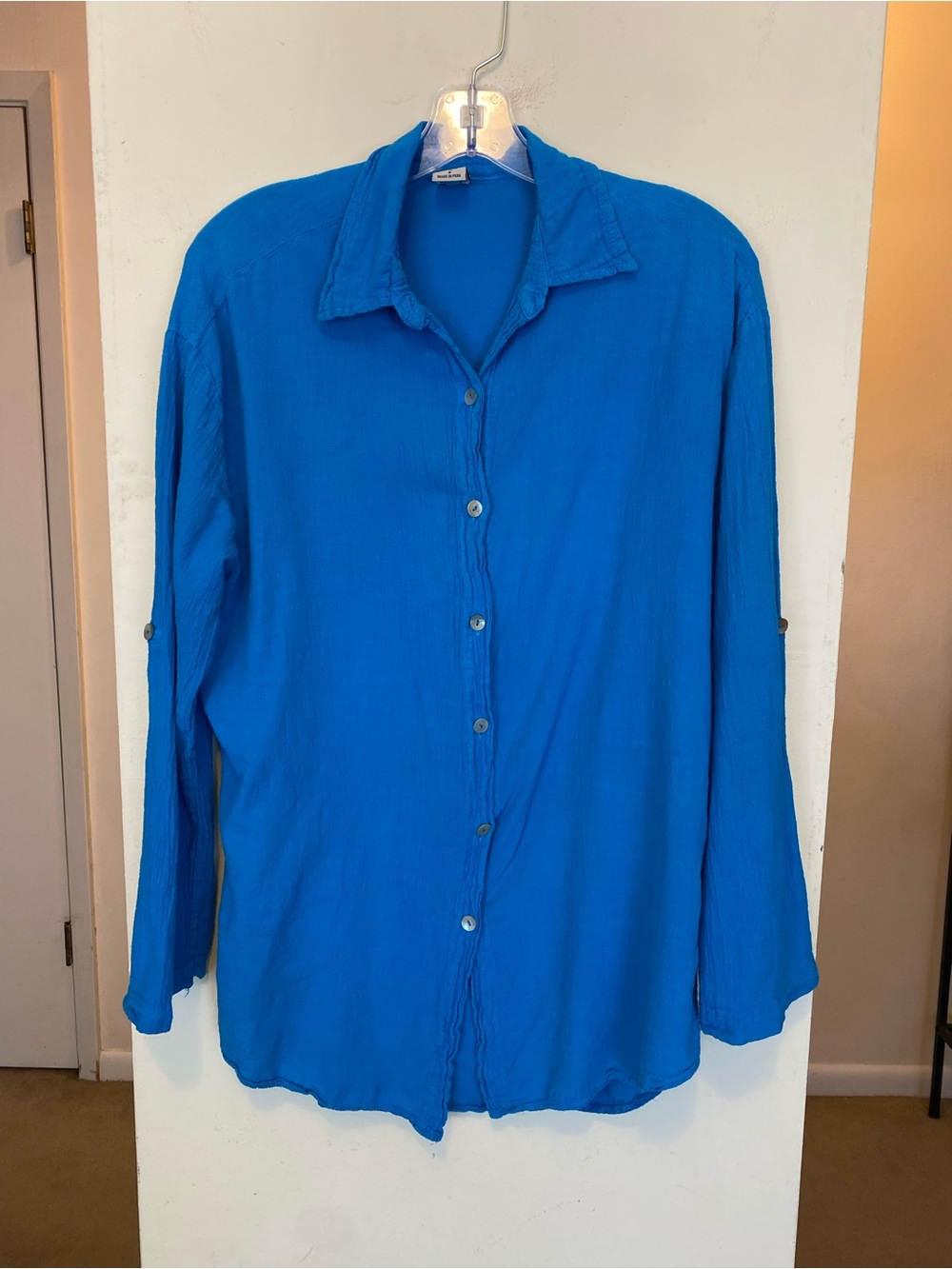 Blanco By Nature Bright Blue 100% Cotton Gauze Button Up Shirt Womens Small